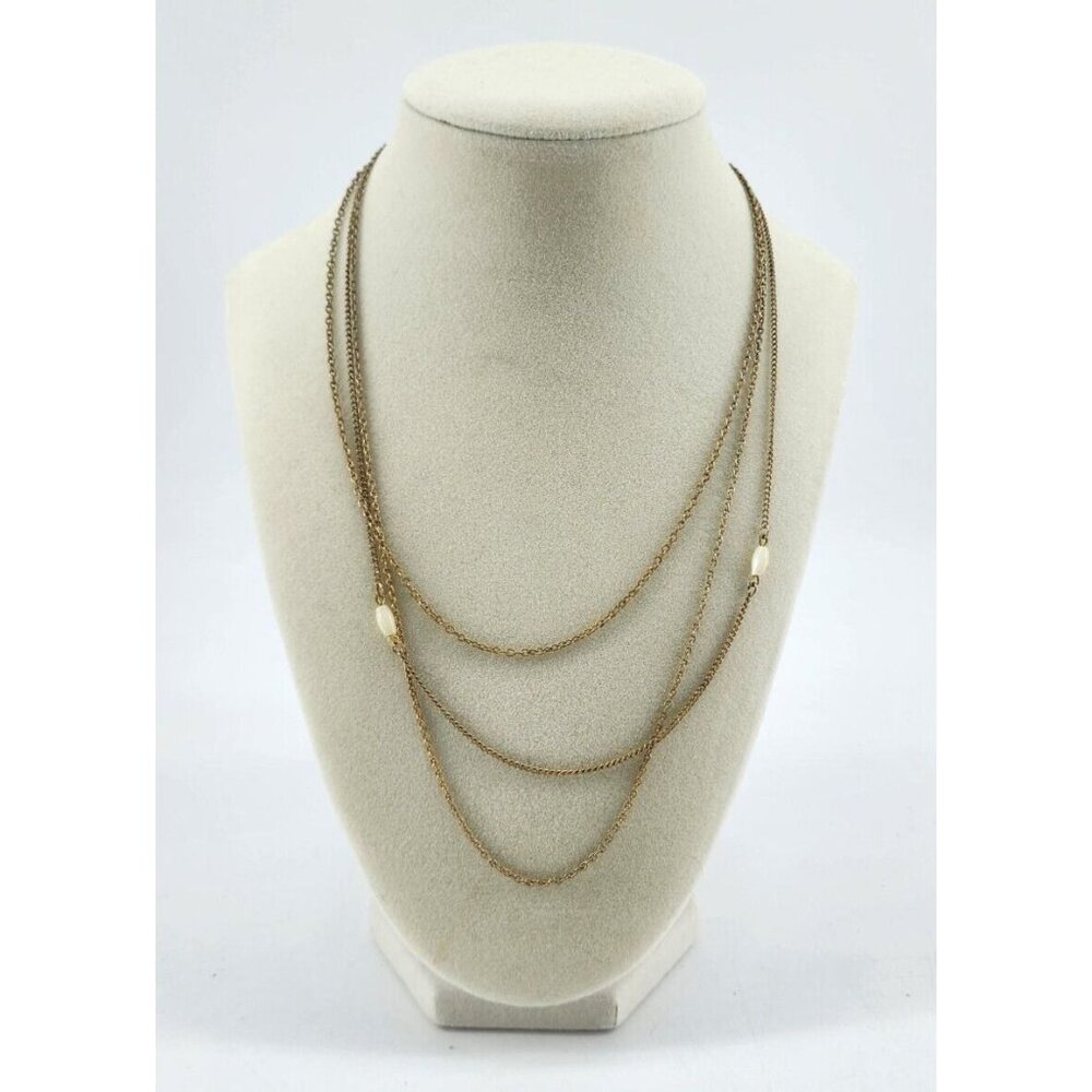 Vtg Avon Multi Chain Layered Necklace Elongated Beads Dainty Minimal Gold Toned